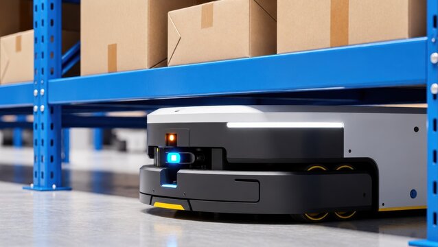 An autonomous mobile robot navigates beneath metal shelving holding cardboard boxes in a warehouse.