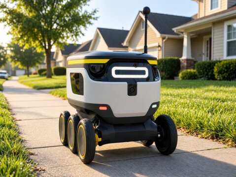 A modern autonomous delivery robot rolls along a sunny residential sidewalk in a suburban neighborhood.