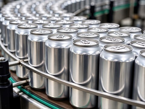 Numerous blank aluminum beverage cans moving along a high speed industrial manufacturing conveyor.