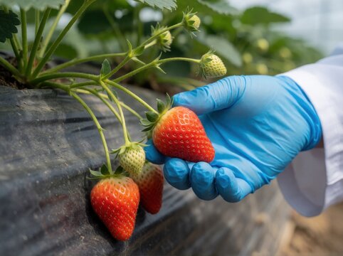 A gloved hand inspects ripe strawberries growing on a vine in a controlled greenhouse environment.