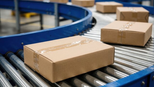Cardboard packages moving along a metal roller conveyor system in a modern warehouse facility.