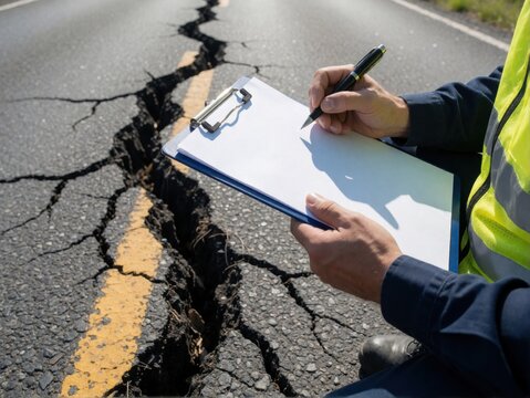 A worker in a high-visibility vest inspects a large crack on a paved road, writing on a clipboard.
