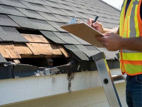 A contractor wearing a high-visibility vest inspects damage on a residential roof using a clipboard.