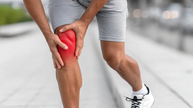 An athletic person holding a painful, inflamed knee highlighted in red during a training session.