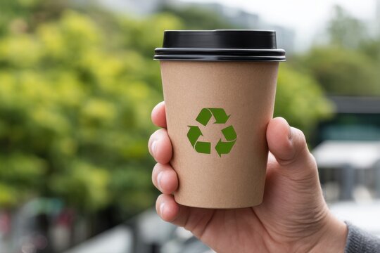 A person holding a disposable cardboard cup with a green recycling symbol on an outdoor background.