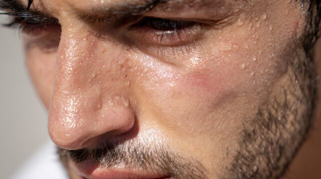 A close-up shot of a man's face showing intense physical effort, covered in glistening sweat drops.
