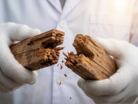 Close-up of a scientist in a lab coat holding a piece of decaying, splintered wooden beam in gloves.