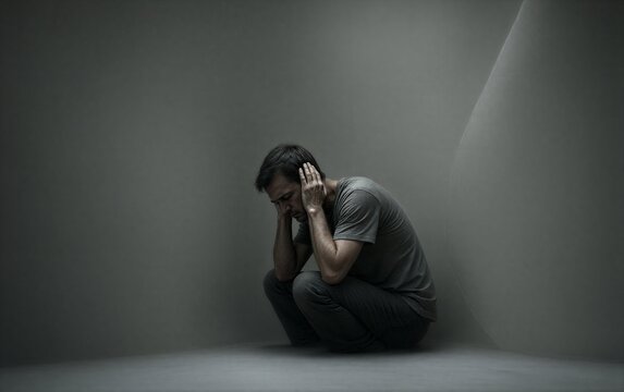 A man sitting dejectedly with his head in his hands in a dimly lit room.