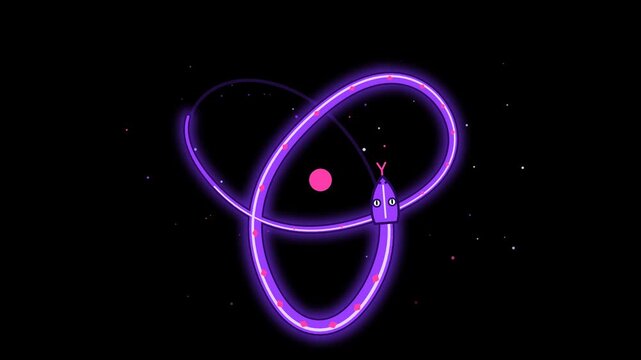 Glowing purple neon serpent moving through a seamless trefoil knot pattern