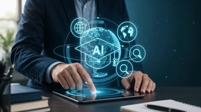 Businessman touching tablet with glowing graduation cap labeled AI surrounded by education icons