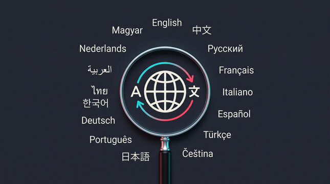 Magnifying glass over a globe icon with international language names