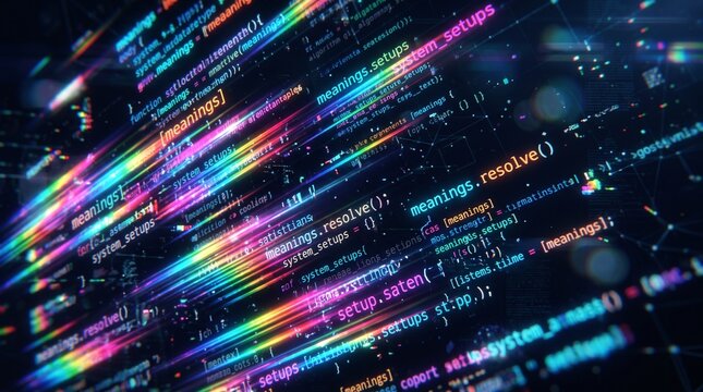 Futuristic programming code with vibrant glowing light effects