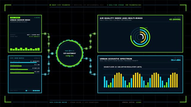 Futuristic smart city IoT telemetry dashboard with real-time environmental data visualization