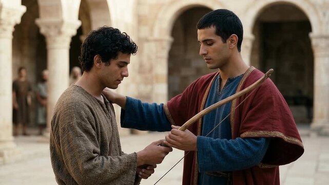 Jonathan and David Making a Covenant of Friendship in an Ancient Courtyard, Biblical Old Testament Scene of Loyalty, Brotherhood, Faith, Promise, Trust, Devotion, Honor and Sacred Commitment