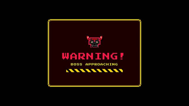Retro pixel art boss battle warning screen with demon skull icon