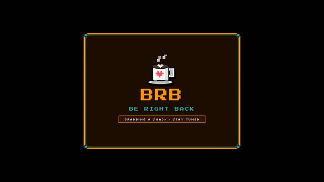 Retro pixel art intermission screen featuring steaming coffee mug for streaming