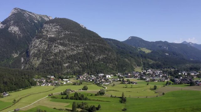 Drone flight over Lofer, Saalachtal, Pinzgau, Land Salzburg, Austria
