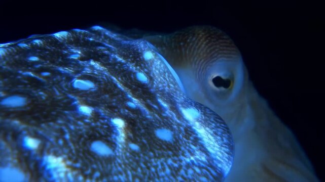 60 FPS Macro close up of cuttlefish eye and mottled skin shifting patterns in dark water