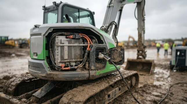 All electric excavator with battery pack, drive motors, charging connector, and mud splashes on a construction site