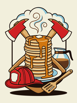 Pancakes with syrup, coffee pot, axes and firefighter helmet illustration
