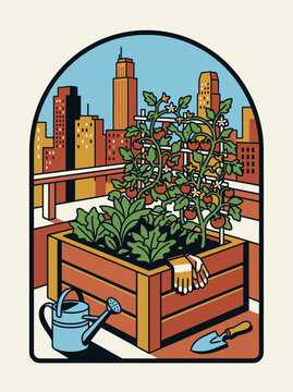 Rooftop garden with plants in wooden planter against city skyline
