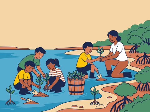 Volunteers planting mangrove saplings along a river for community service