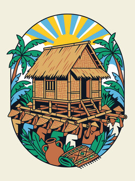Tropical thatched house illustration surrounded by palm trees and sun
