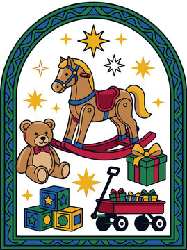 Colorful illustration of rocking horse, teddy bear, and gifts for community care
