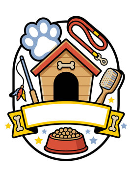 Illustration of pet house with dog care items showcasing pet adoption
