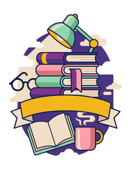 Colorful illustration of stacked books and coffee in a cozy reading space