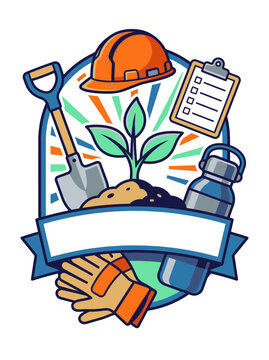 Community care illustration featuring gardening tools and volunteering theme