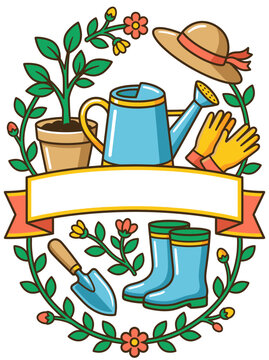 Gardening tools and plants in an ornamental design for community care