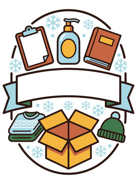 Illustration of community care symbols with clothing and hygiene items