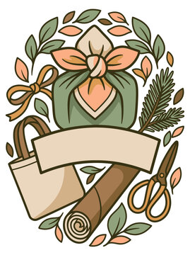 Illustration of community care and giving symbols with decorative elements