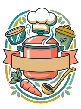 Illustration of a cooking pot and kitchen utensils representing community care