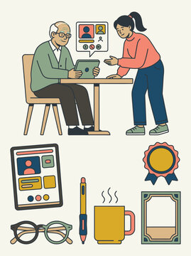 Elderly man receiving support from a woman using a digital device