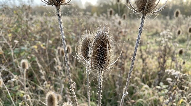 Close viewdried spiky wild teasel seed heads standing on slender stalks with delicate cobweb threads in soft rural field setting teasel dipsacus seed heads wildflower dry spiky nature plant