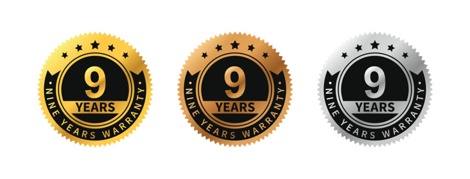 Label 9 years warranty in gold, silver, bronze premium luxury design. nine years warranty. Vector Illustration