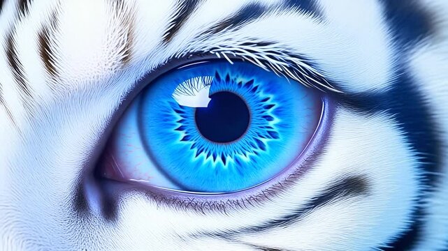 Extreme macro photorealistic footage of a white tiger's eye featuring a brilliant sapphire-blue iris
