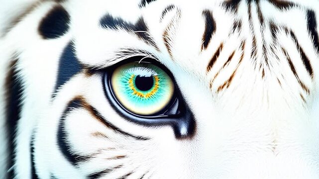 Extreme macro photorealistic footage of a majestic white tiger's eye with a beautiful emerald-green iris
