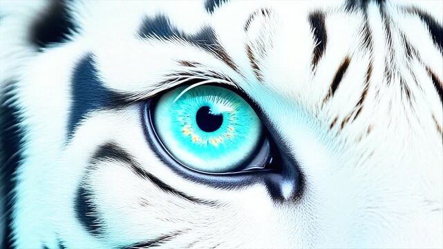 Extreme macro photorealistic footage of a majestic white tiger's eye with a beautiful icy cyan-blue iris
