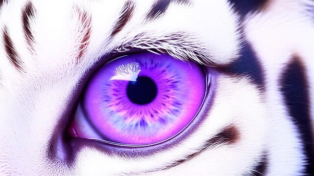 Extreme macro photorealistic footage of a striking white tiger's eye with a rare-looking violet iris
