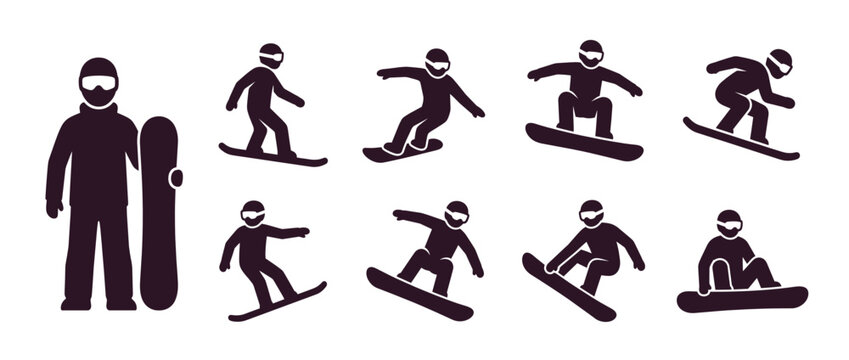 Snowboarders and skiers performing winter sports actions. Winter athletes in dynamic poses. Snowboarder, skier, snowboard, ski, snow, ice. Vector illustration.