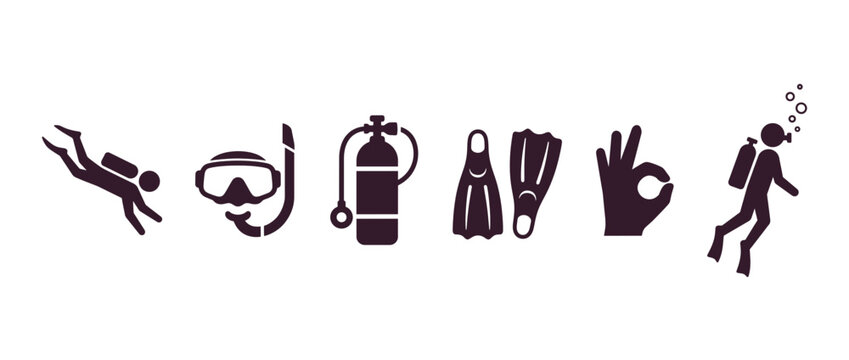 Scuba diving icons set. Underwater activity symbols isolated on transparent background. Diver, oxygen tank, fins, mask, snorkel, bubbles, scuba gear. Minimalist black and white design for branding,.