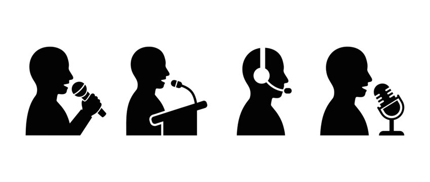 Silhouette people speaking into microphones. Black and white microphone icons. Microphone, speaker, headset, podcast. Vector illustration.