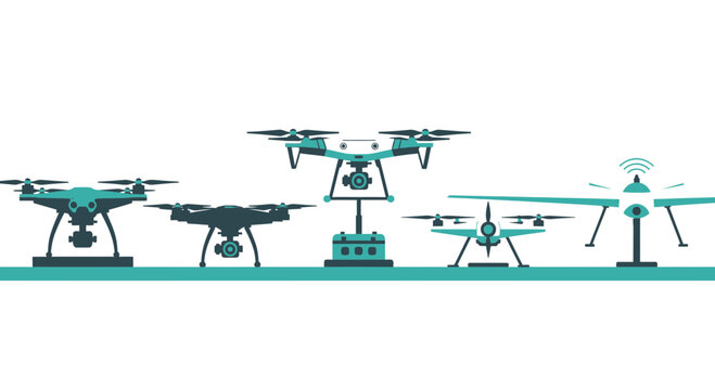 Modern drone vector illustration set featuring diverse quadcopter and fixed-wing models in minimalist teal style.