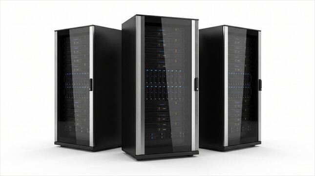 Three modern server rack cabinets isolated on white background - ideal for cloud computing, IT infrastructure, data center technology, and web hosting concepts