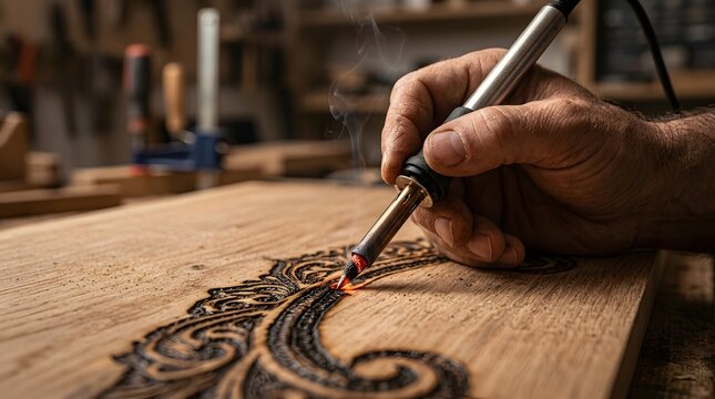 Professional carpenter or craftsman using a pyrography tool to burn an intricate floral pattern into a natural wood surface, close-up of hand with wood burning pen and rising smoke in a workshop.