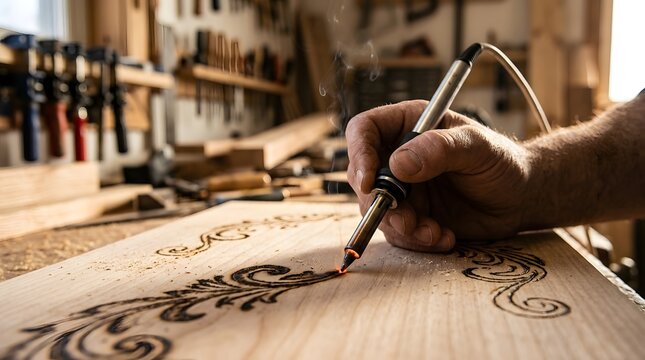Professional craftsman using a wood burning tool to create an intricate floral decorative pattern on a wooden surface in a workshop, close-up of pyrography art with smoke rising from the tip.