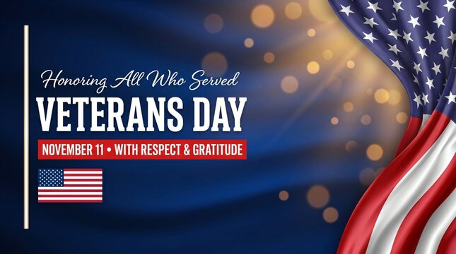Veterans Day tribute banner honoring military heroes who served America with greeting Honoring All Who Served in left-aligned editorial layout on navy blue bokeh with swirling silk flag ribbons header